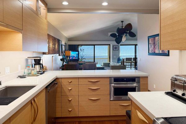 new kitchen open to ocean view