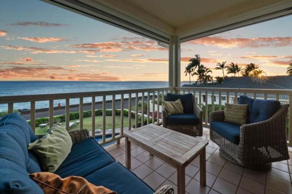 Alihi Lani unit 5 vacation rental lanai sunset view over ocean